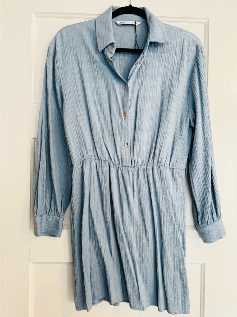 Zara Pale Blue Textured Button-Up Dress